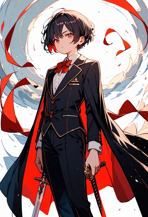 dark red black hair, red eyes , short hair, formal attire, cape, magician, full shot, sword