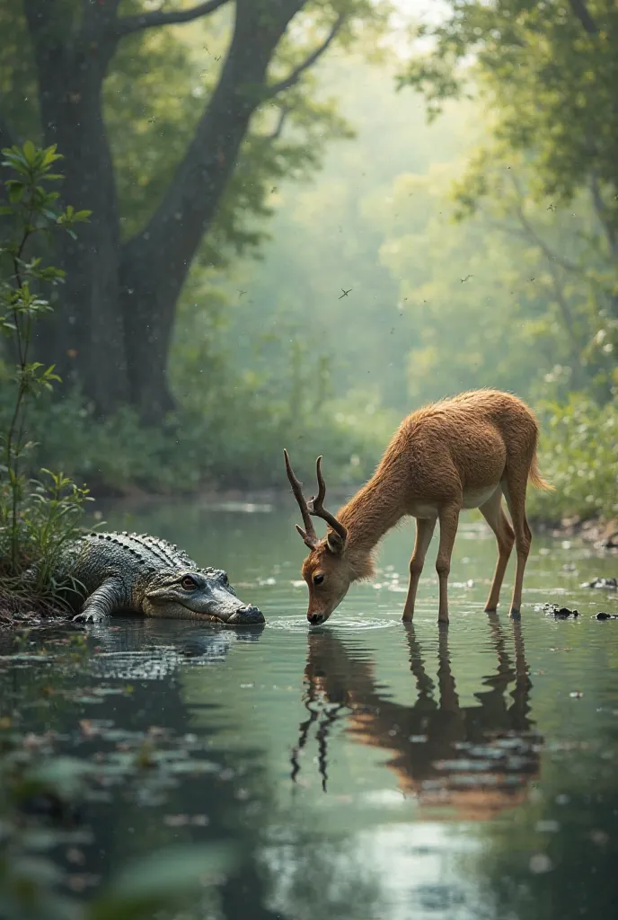 A roe deer drinking water and a crocodile nearby 