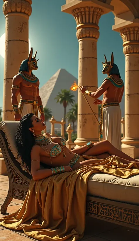 (Ultra-detailed, photo-realistic, 4K, high resolution, masterpiece:1.5), a stunning and exotic Egyptian woman with an alluring, seductive presence. She is depicted in a full-body pose, reclining gracefully on an ornate chaise lounge draped in luxurious gol...