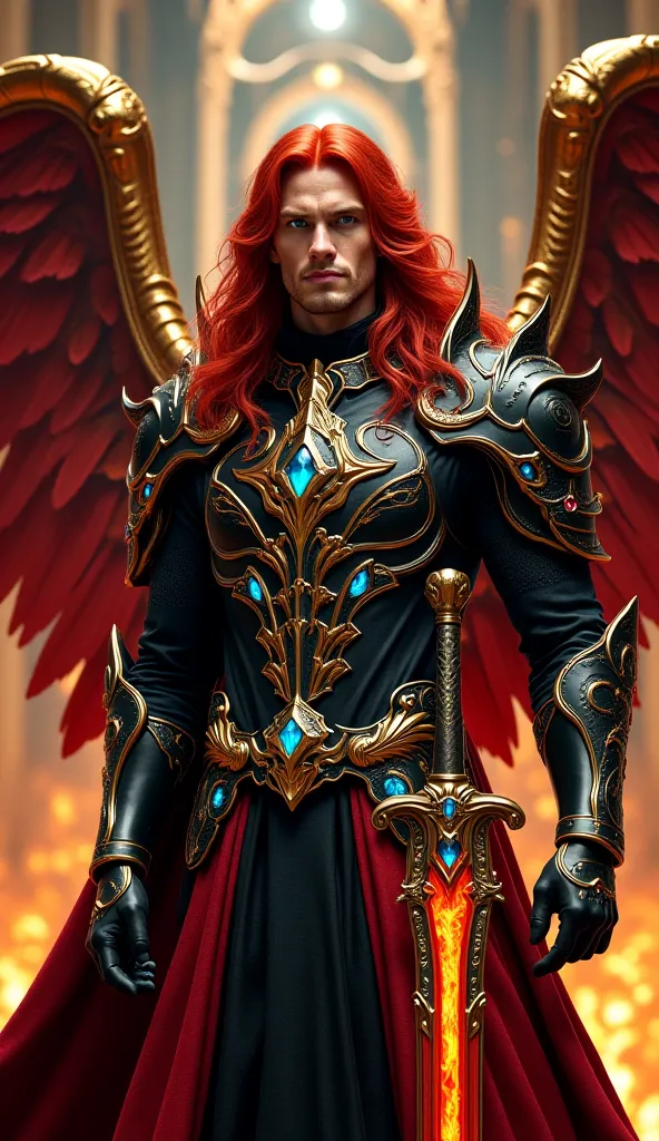 Lucifer,  An angel, standing, very pretty, male, 40 years. long red hair, blue eyes, golden asas, black armor , Full of blue and red gemstones. full body,   holding a fiery sword, The setting is a palace filled with precious stones and gold details. Cinema...