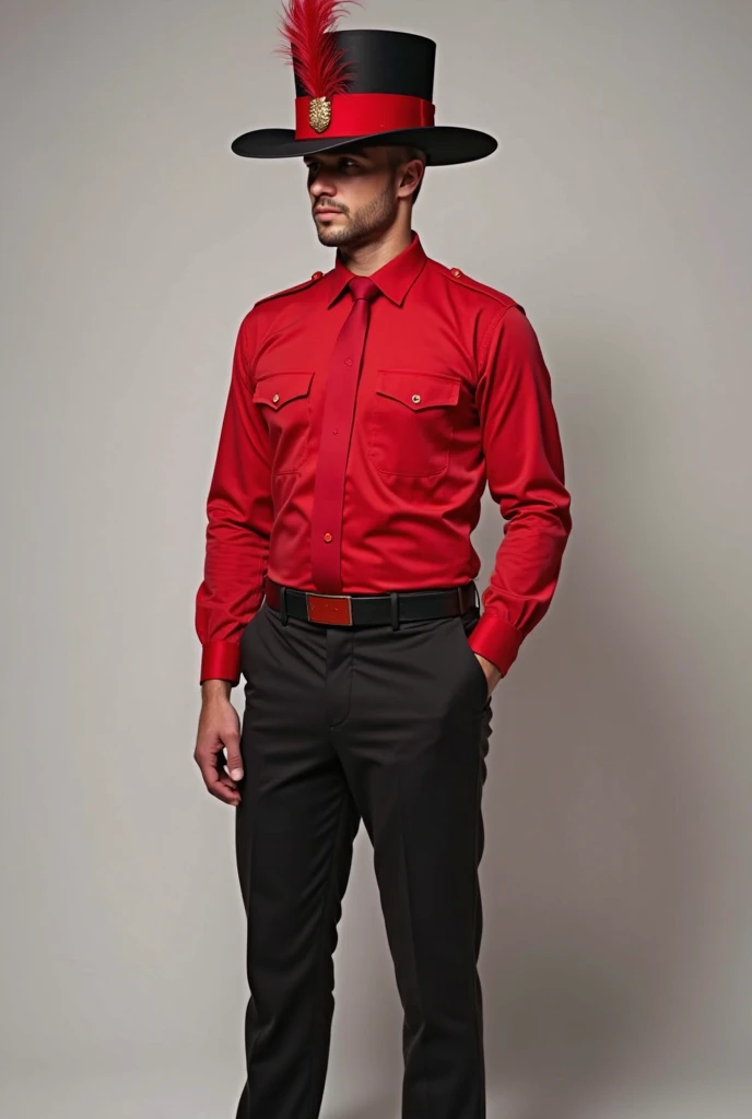  uniform , long sleeve shirt completely without details in red color total from the sleeves to the torso, completely black dress pants, formal dress shoes and a black hat with a red fabric over the visor with a red feather in the front