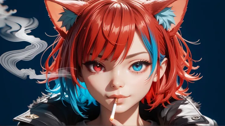 A woman with cat ears, red hair with light blue highlights, heterochromia with one red eye and one blue eye, wearing a long black coat, smoking a lit cigarette in her mouth, anime style, vibrant colors, sharp lines, transparent background, highly detailed,...