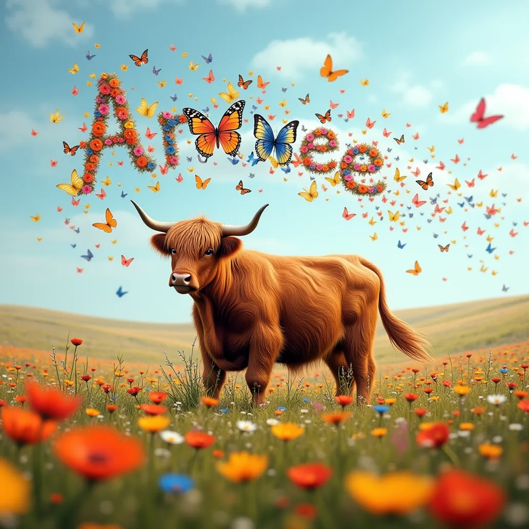 A majestic female Highland Cow frolicking in a wide field of colorful wildflowers. A formation of colorful butterflies spell the nane "Aradaeee" in the sky. High Resolution, Masterpiece, Hyperdetailed, Hyperrealism, Depth Of Field, Image Fill, Floating Par...