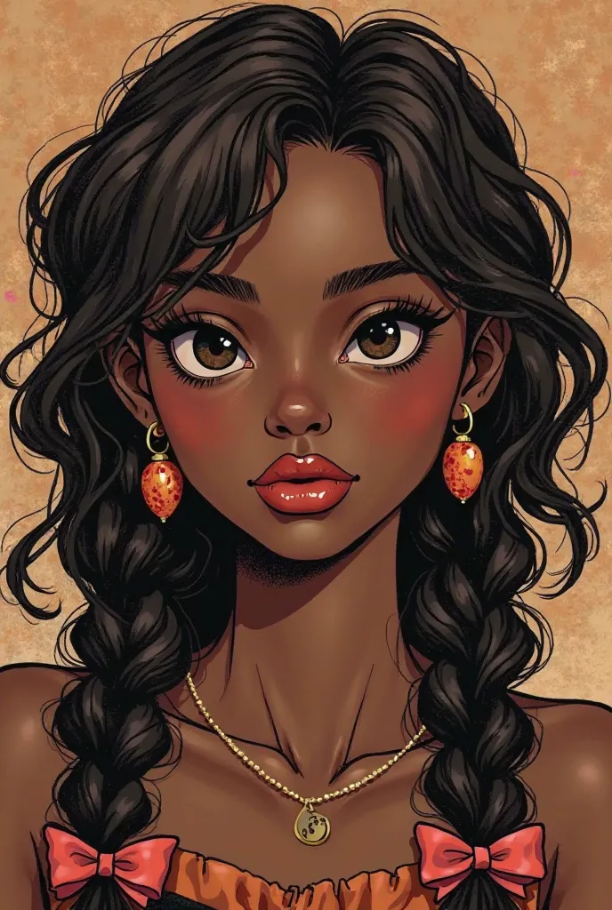 Dark black girl with brown braids and curls, a snub nose and tulip lips (the image should be manga).. This girl must have bow tie earrings and fine black almond eyes..charismatic girl .round face shapes 