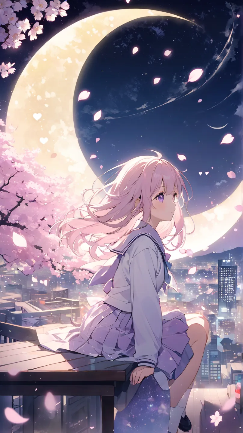 depicting a high school girl in a school uniform, night、sitting on the crescent moon and looking at the cityscape. cherry blossom petals and hearts soar upward from the city, dissolves as it reaches her. She stars々with emphasis on purple and silver. casual...