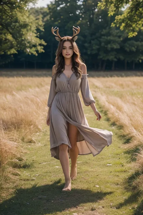 a beautiful woman with long, wavy blonde hair walked through the field, wearing a long, pink dress with her bare feet feeling the soft, cool earth. her long brown hair was loose, and the wind was picking up, making her look like a goddess of nature, beside...