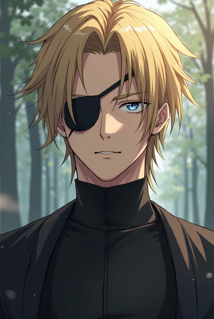 adult character, blonde, hair combed back and with a black eye slap with a drawn eye, Serious look and calm weather, Man and anime style 