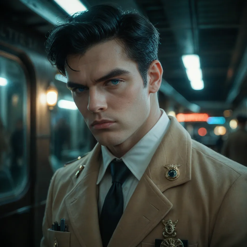  20-year-old man,  with a serious expression ,  with long black hair, blue eyes,  real life , wearing a beige detective outfit