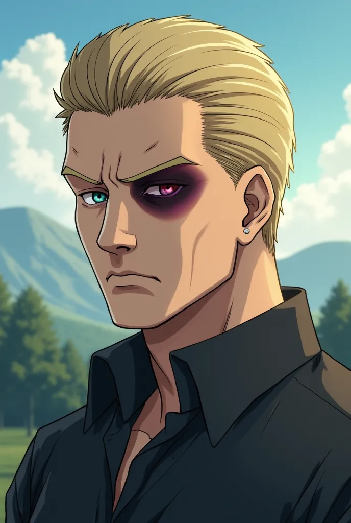 adult character, blonde, hair combed back and with a black eye slap with a drawn eye, Serious look and calm weather, Man and non-generic anime style 