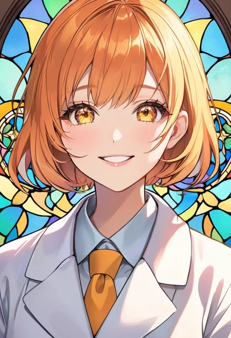  Adult Female,  short orange hair and yellow eyes、 face close-up、Fearless Smile、(Doctor&#39;s coat)、pastel stained glass background