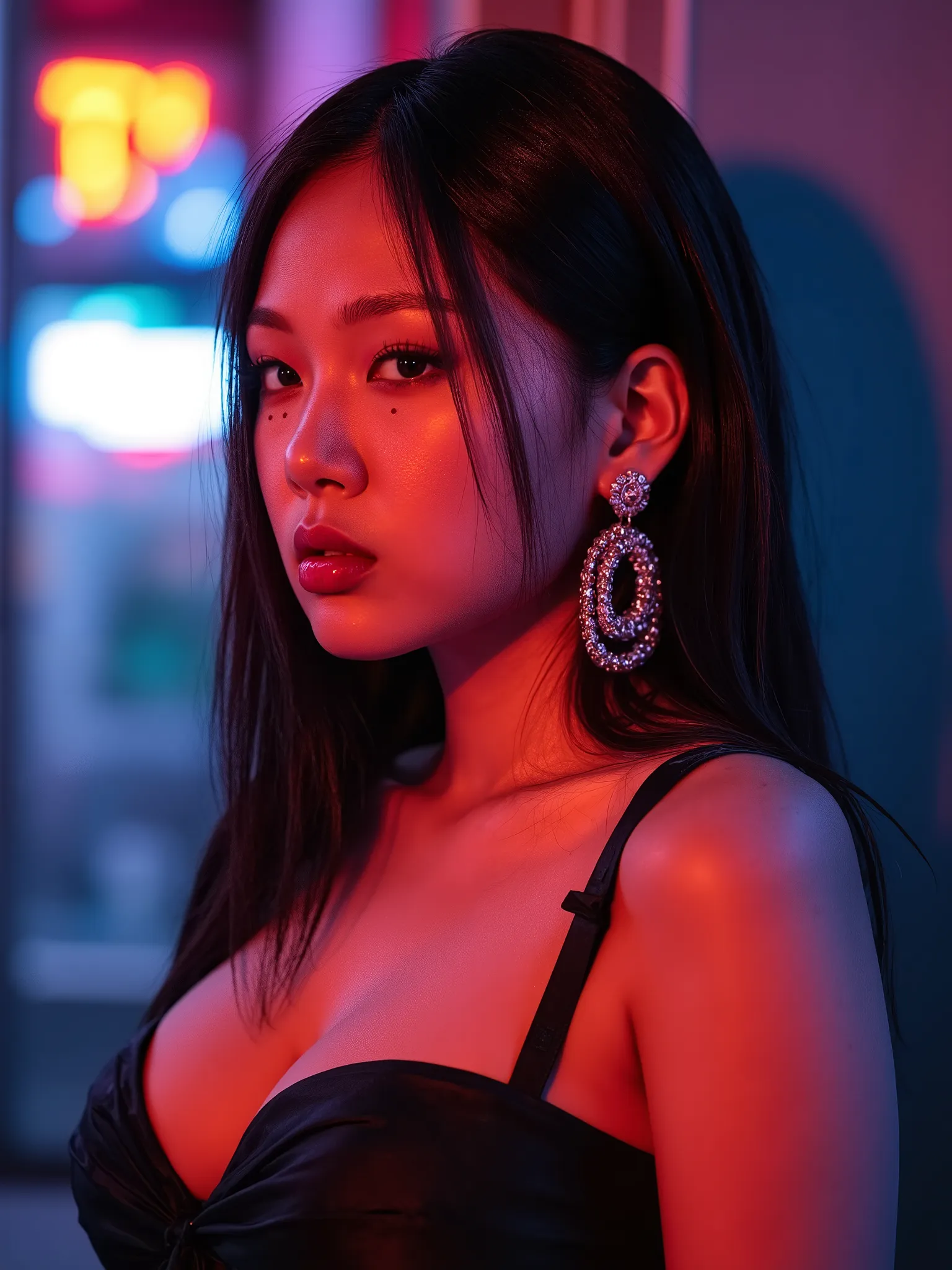 A Korean woman，The most beautiful and delicate face, Profile，bust, Not too big breasts, Her cleavage exposed, Looking at the audience, Half-length photo, Movie Lighting, glow, neon,With big earrings，The earrings should be exposed。