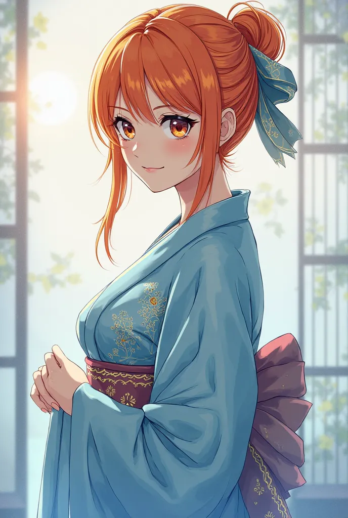 I want you to create an image of Nami from one piece wearing a short blue kimono with hair tied in a bow