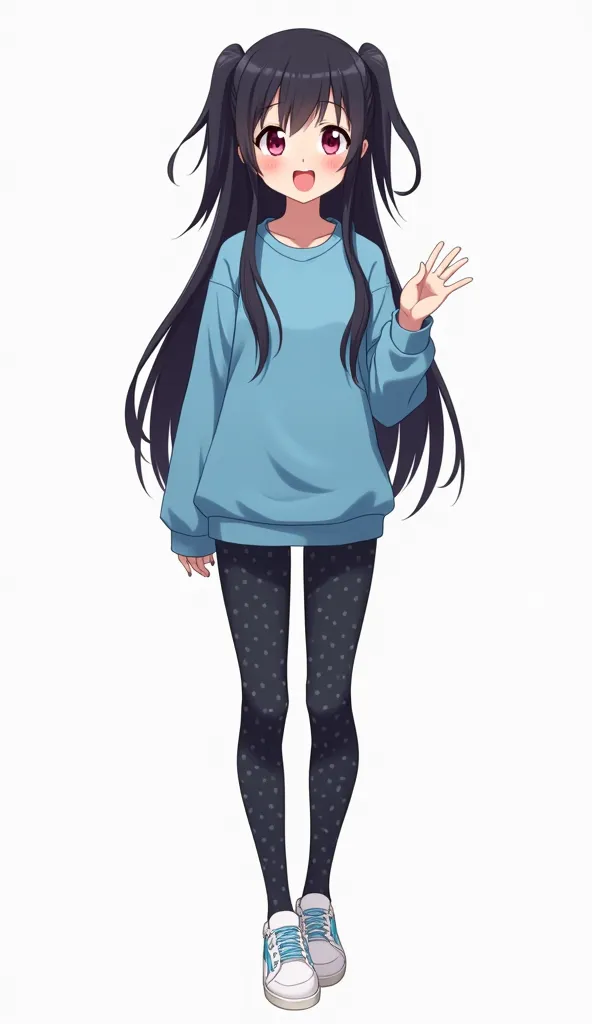 Japanese anime age woman with long straight black hair with two pigtails and short locks and intense magenta eyes and wears a blue sweatshirt, tight dark pants with a dot pattern, white sneakers with light blue details and a white background and full body ...