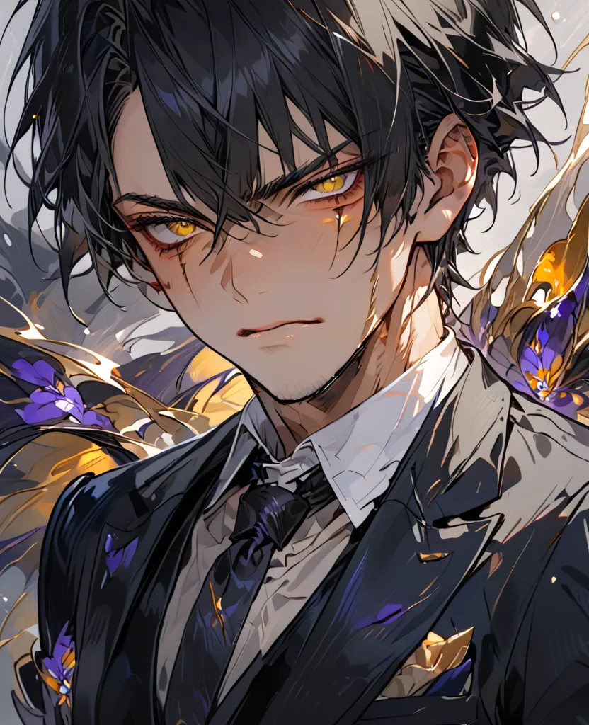 A medium-length black-haired man,  Serious and calm expression, golden iris eyes, beauty mark on the chin and scar on the left eye. wear formal clothes, dark-colored three-piece suit 