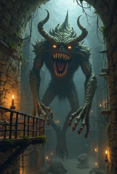 Make an image of a creepy monster appearing on a balcony in a dungeon