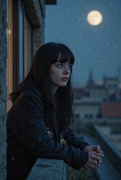 woman with black hair and blue eyes without bangs, black jacket and badge, resting your elbows on a window sill, On the terrace of a building watching the Moon with another woman with brown hair and blue eyes, holding a notebook. Americanas Cinematographic...