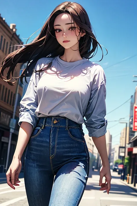 (((minju))), ((((brunette)))), white eyes, (((white shirt))), (((jeans)), Outstanding, Best Aesthetic, Best Quality, Masterpiece, Very Detailed, Masterpiece, 1girl, Solo, Blue Sky, Daytime, Beautiful Body, High Definition, cowboy shot, masterpiece, masterp...