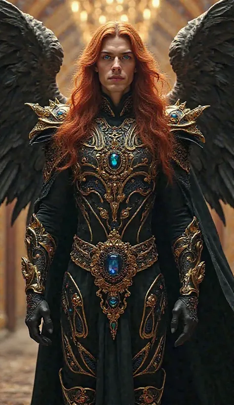 Lucifer,  An angel, flying, very pretty, male, 40 years. long red hair, blue eyes, golden asas, black armor , Full of blue and red gemstones. full body, The setting is a palace filled with precious stones and gold details. Cinematic and realistic image.