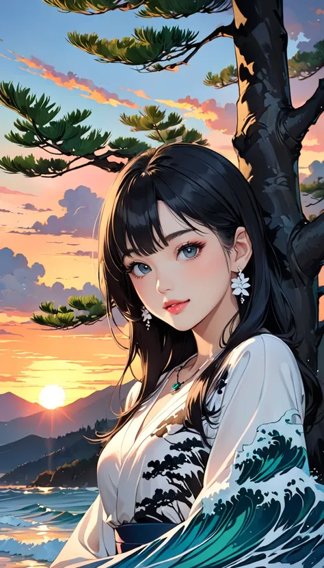 intense ink painting, Young Japanese Women, Perfect face , perfect style, long black hair with waves, beautiful brown, slender eyes, cute face,  beautiful pink lips , white and blue sleeve dress, Silky,  look at me and smile, earrings, necklaces, illuminat...