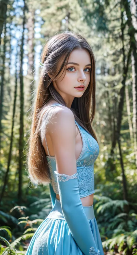 show whole body, high quality, Ukrainian fairy winter snow in the forest through the trees About  , blue eyes, smooth skin, ((Best quality, 8k, Masterpiece :1.3)), 1girl, Pretty girl , tight outfit :1.2, in the forest, Ultra-detailed face, Detailed eyes, s...