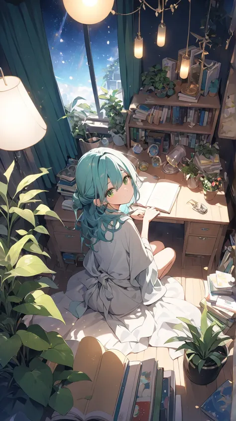 1 girl crouching,  moonlight 、room、Desk lamp、houseplants、curtains、 books、greenい目, green/light blue hair tied at the top、from above、dutch angle, glitter effect, lens flare, 