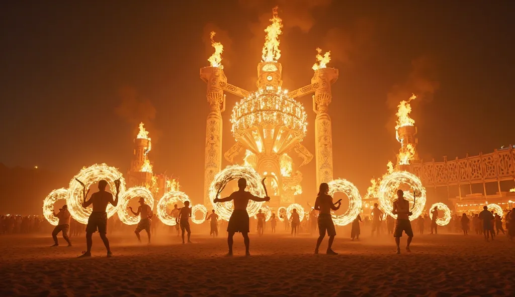 Masterpiece of maximum quality, 4k resolution, (best quality, 4k, 8k, high resolution, masterpiece: 1.2), extremely detailed, (realistic, hyperrealistic, hyperrealistic: 1.37), HDR. A massive open space at Burning Man, where fire performers spin blazing st...