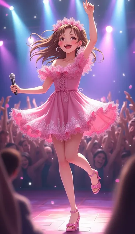 A cute girl is singing a song、light brown semi-long、pink glitter ruffle dress、wear heels、It's jumping。
Realistic in anime style、The background is a concert venue
Best image quality