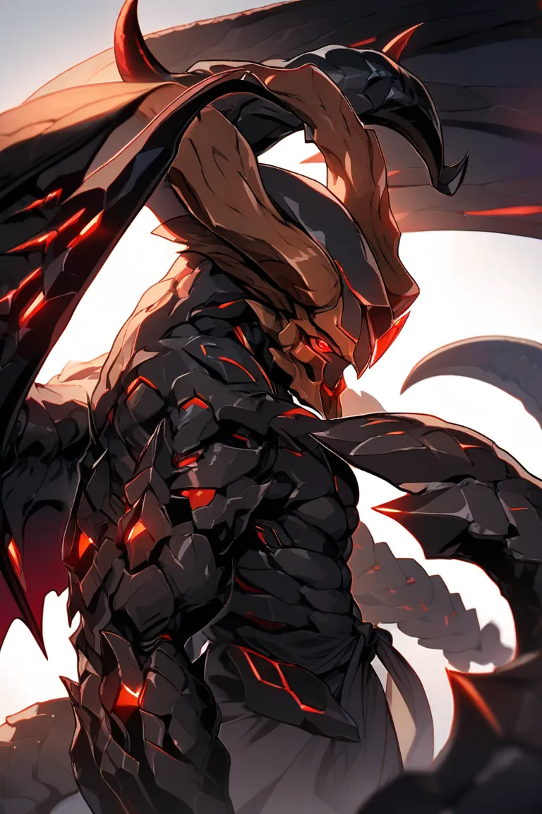 master piece, best quality, sharp line art, solo, mystical, man, perfect body, humanoid, man face, tan skin, handsome, red eyes, slit pupils, detailed eyes, massive brown hair, brown lion mane, 2 black curve long horns, detailed horns, massive draconic win...