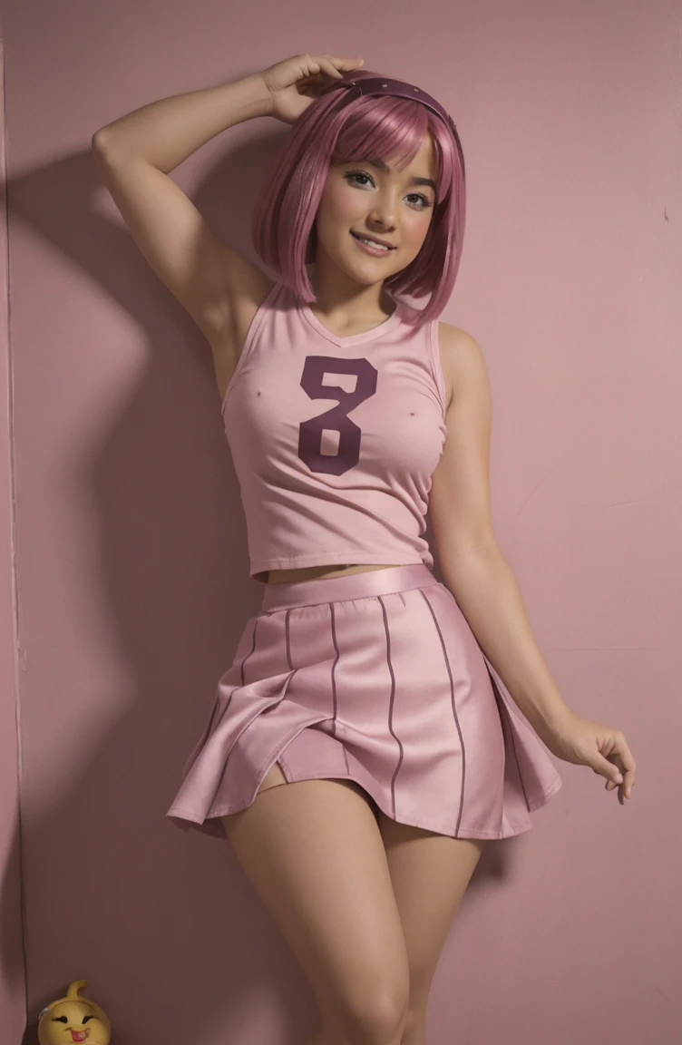 (((chica ))) ,( sexy girl), pantys cortos morados y calcetinis de encaje, Stephanie from lazy town  Alta calidad ,  pink hair ,((skirt lift)), (curve, iscote profundo),  Pechos grandis ,  Alta calidad, (is), disde atrás