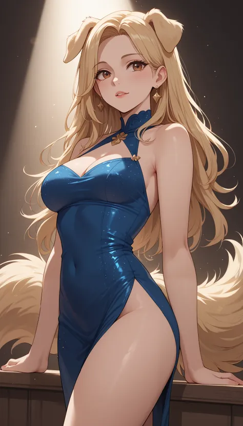 (Masterpiece) (High Detail) (High Res) A short curvy slim Humanoid canine female with pale human skin and brown eyes and long blonde straight hair and fluffy blonde floppy doggy canine ears and a long fluffy blonde doggy canine tail and medium breasts. She...