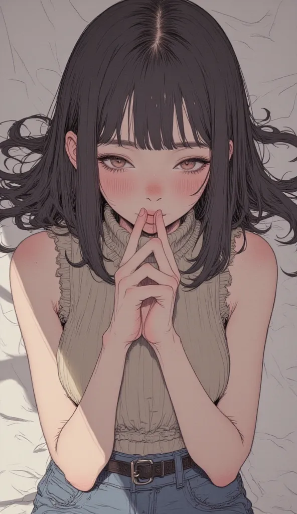 Aerial photography、 look down angle、viewers、anime woman putting her hands together and begging, [ 4k digital art ]!!,Overlook、 black hair、semi-long hair、  boob emphasis,Sleeveless beige knit、 Is pixiv, On pixiv, like  ART GEL , Sincerity,  pixib 3DCG , ig ...