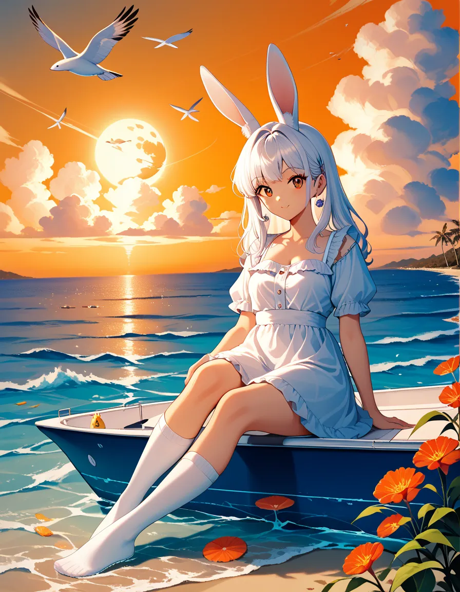 Rabbit girl sitting in a boat on the water,  INNOCENT EXPRESSION,Little rabbit beside a girl,Long white hair and hairy rabbit ears, Rabbit ears are inspired by the curled tips of leaves,Softly drawn fur, Cute dress with lots of frills and lace,The color is...