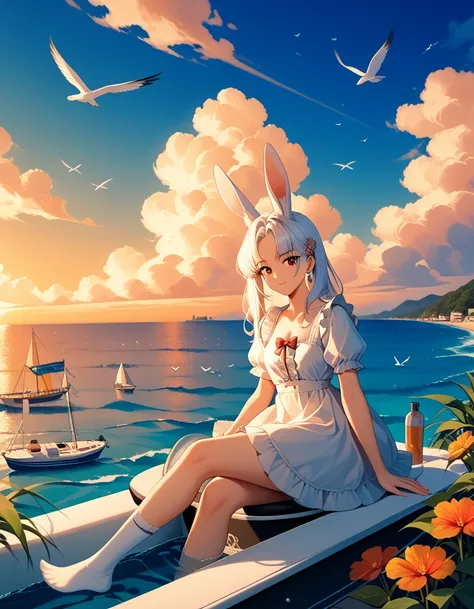 Rabbit girl sitting in a boat on the water,  INNOCENT EXPRESSION,Little rabbit beside a girl,Long white hair and hairy rabbit ears, Rabbit ears are inspired by the curled tips of leaves,Softly drawn fur, Cute dress with lots of frills and lace,The color is...