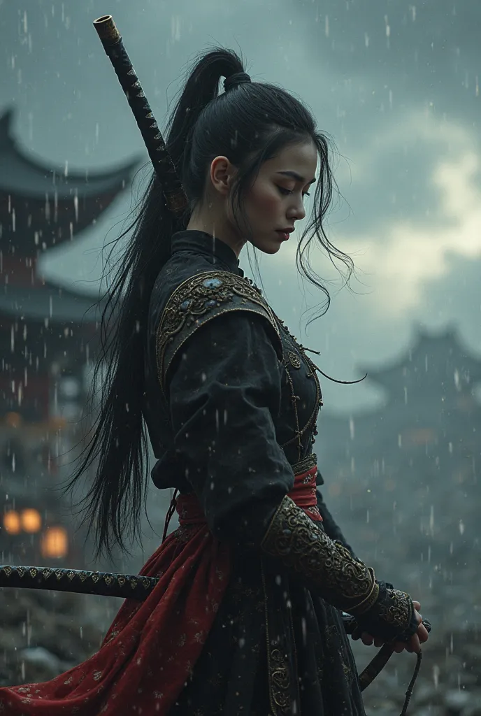 (masterpiece:1.2, best quality),  realistic images and professional photos, very real, Genuine, 8k, A woman in the incarnation of a dragon, has a Japanese sword, Swords shine ,   black ponytail hair dancing  ,   It's raining from a dark cloudy sky , Wide a...