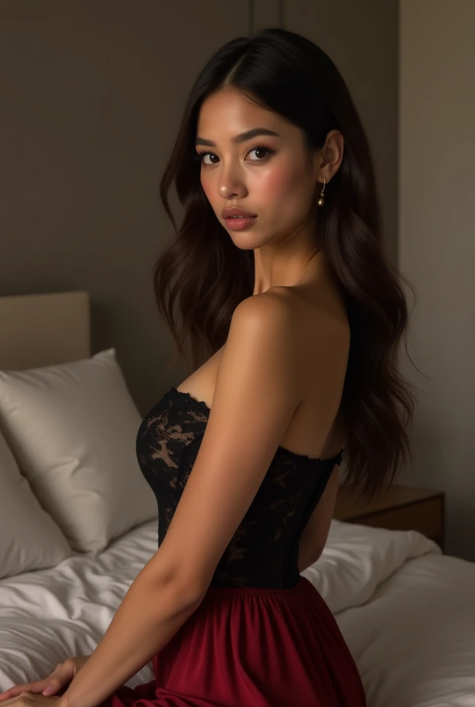 Ultra-realistic portrait of a young 20-year-old woman with universally appealing features. She has smooth and flawless skin, big and expressive eyes,  plump and well-defined lips ,  small and delicate nose ,  arched and well-groomed eyebrows .  her hair is...