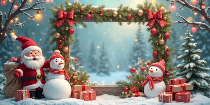 Christmas Frame With Santa Snowmen And Festive Decorations Background high quality 8K 3D Ultra HD