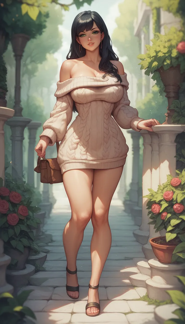 Anime style, young woman, sweet expression, long black hair, green eyes, large breasts, voluptuous hourglass figure, fit, off shoulder sweater dress, sandals