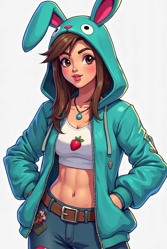 A non-realistic animated illustration of a Latin girl with brown hair and brown eyes, Dressed in the suit "Adrenalina Chiclosa" de fortnite. The design will include the iconic turquoise rabbit hood, the semi-short jacket, the white top and the strawberry o...