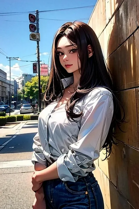 (((minju))), ((((brunette)))), white eyes, (((white shirt))), (((jeans)), Outstanding, Best Aesthetic, Best Quality, Masterpiece, Very Detailed, Masterpiece, 1girl, Solo, Blue Sky, Daytime, Beautiful Body, High Definition, cowboy shot, masterpiece, masterp...