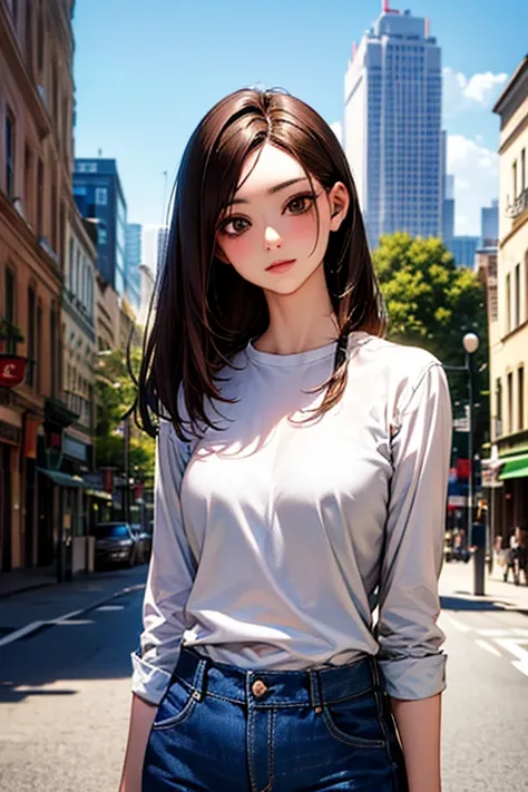 (((minju))), ((((brunette)))), white eyes, (((white shirt))), (((jeans)), Outstanding, Best Aesthetic, Best Quality, Masterpiece, Very Detailed, Masterpiece, 1girl, Solo, Blue Sky, Daytime, Beautiful Body, High Definition, cowboy shot, masterpiece, masterp...