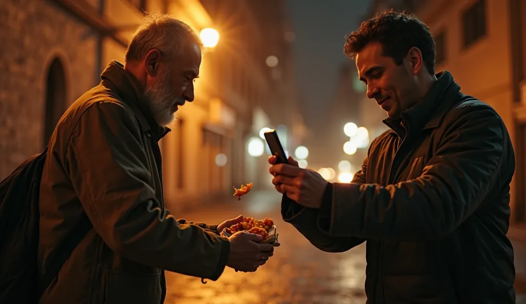 *"Cinematic close-up shot of two contrasting moments: On the left, a person handing food to a homeless man, filmed with a warm, natural feel. On the right, someone taking a selfie while pretending to help, with exaggerated expressions. The lighting is spli...