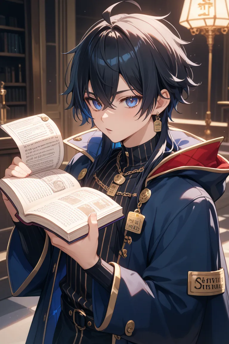  male、One person、Long black hair、Bangs like the main characters in Japanese anime、  sharp eyes、 Wizard Outfit、Long coat、 Blue Accessory 、 holding a book