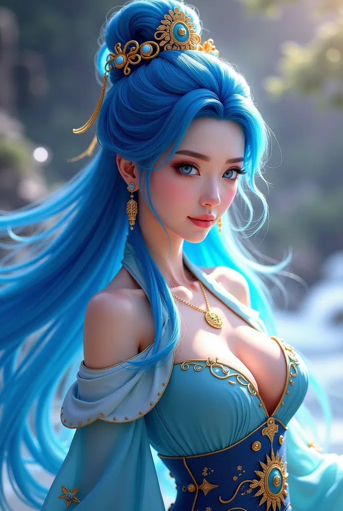 arafed image of a woman with blue hair and a blue wig, chinese fantasy, xianxia fantasy, inspired by Lan Ying, a beautiful fantasy empress, inspired by Li Mei-shu, inspired by Leng Mei, digital fantasy art ), 8k high quality detailed art, ((a beautiful fan...