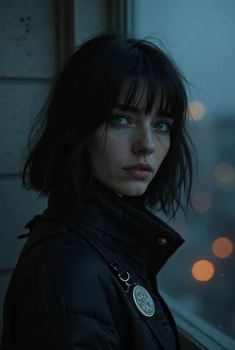 woman with black hair and blue eyes without bangs, black jacket and badge, on a window sill, on the terrace of a building at night with another woman with brown hair and blue eyes, holding a notebook. Americanas Cinematographic. Real.Cinematography, 