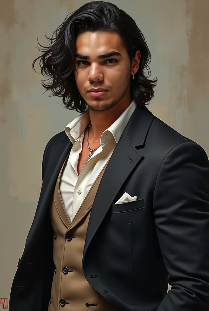 Realistic portrait of a young man about 19 years old, athletic physique and weight around 73 kg. He has black hair, black long/Medium wavy almost curly similar to Jason Mamoa's (type 2C ) slickedhair e barba média. His style mixes sophistication and attitu...