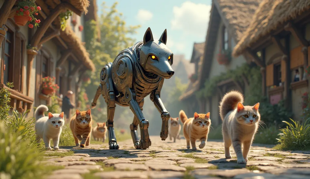 Robot wolf brings cats to the village