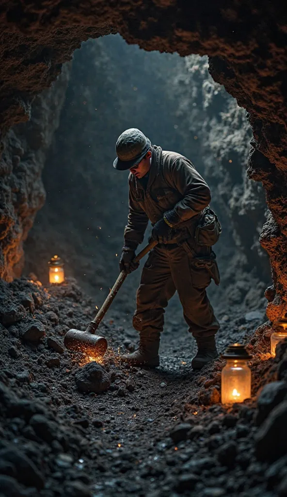 Dark, damp underground mine, with a miner wearing thick gloves and holding a heavy hammer. He is smashing coal against the rocky floor, and small sparks and pieces of coal fly on impact. The lighting is low, with lanterns and candles scattered around the p...