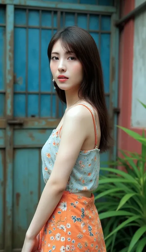 The photography style is very complex and detailed, showing a beautiful Thai woman with a thin necklace, porcelain skin, long brown hair, a plump bust, and a sleeveless dress with tangerine and light blue patterns. The background is a dirty old gate with b...