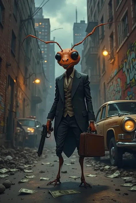 Create a hyperrealistic illustration of an anthropomorphic ant,  wearing an elegant, dark suit , in a narrow and shady alley that refers to classic New York movie scenes. The ant is holding a gun in one hand and a briefcase full of money in the other, with...