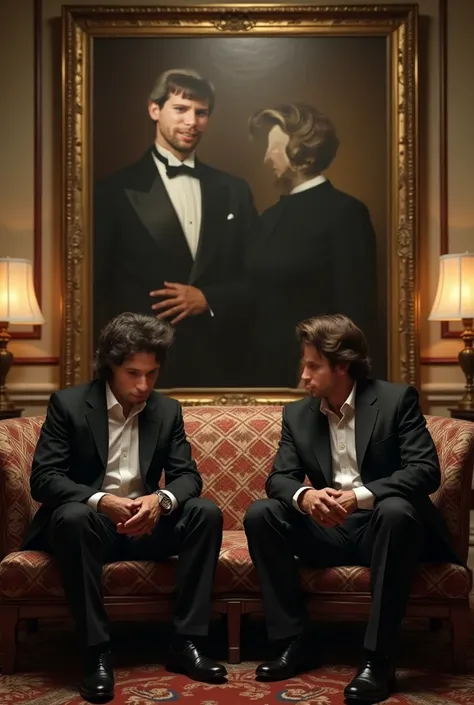 An image of Lyle and Erik Menendez sitting and talking, And in the background a large painting with the photo of your father and mother with their faces blurred,  wearing elegant clothes 